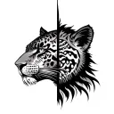 frontal view half face half jaguar warrio half inca warrior tattoo design idea