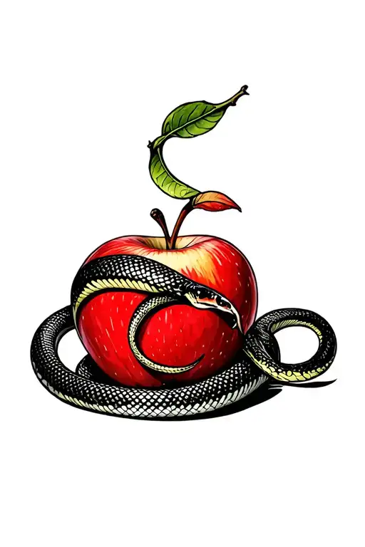 A dotwork tattoo featuring an apple with a snake wrapped around it, symbolizing temptation and the duality of good and evil tattoo design idea