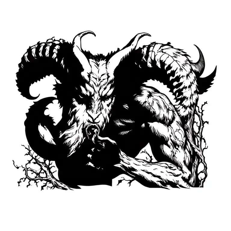 muscular male nature satyr bodybuilder shape, vines and roots design tattoo design idea