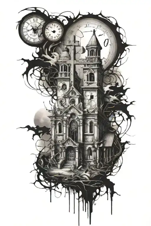 A broken abandoned church on top of the church a broke clock time 2:27 am on the wrist a road filled with 7 crosses  tattoo design idea