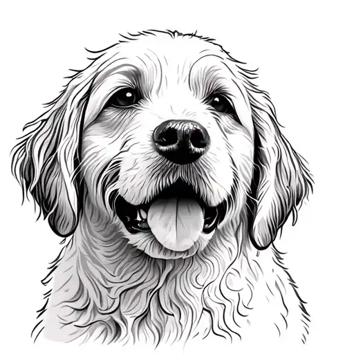 labradoodle face close up. Only black and white, no gray. It's all enclosed with a thin line box surrounding the face tattoo design idea