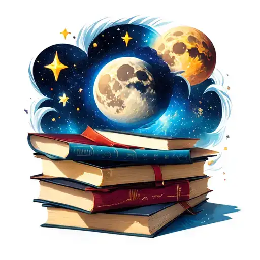 a small pile of books, all the moon cycles, stars surrounding, galaxy vibes tattoo design idea