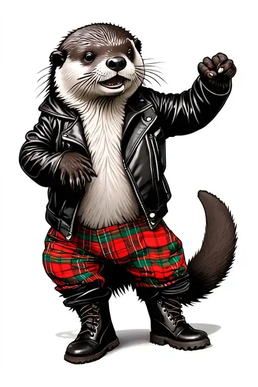 a punk rock sea otter, wearing a leather jacket, red and green tartan pants and combat boots.  The sea otter is smiling  tattoo design idea