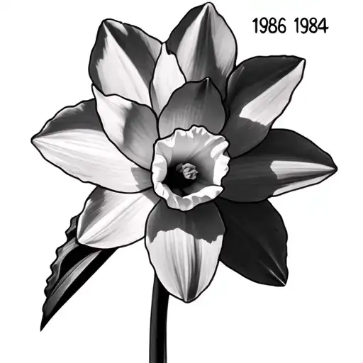 Simple narcissus flower with 1986 and 1984 written on the blade tattoo design idea