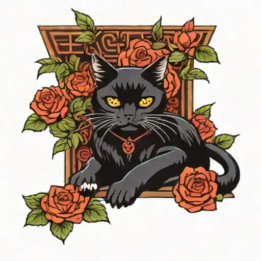 black cat sitting with Jason voorhees mask next to it in front of a rose bush  tattoo design idea