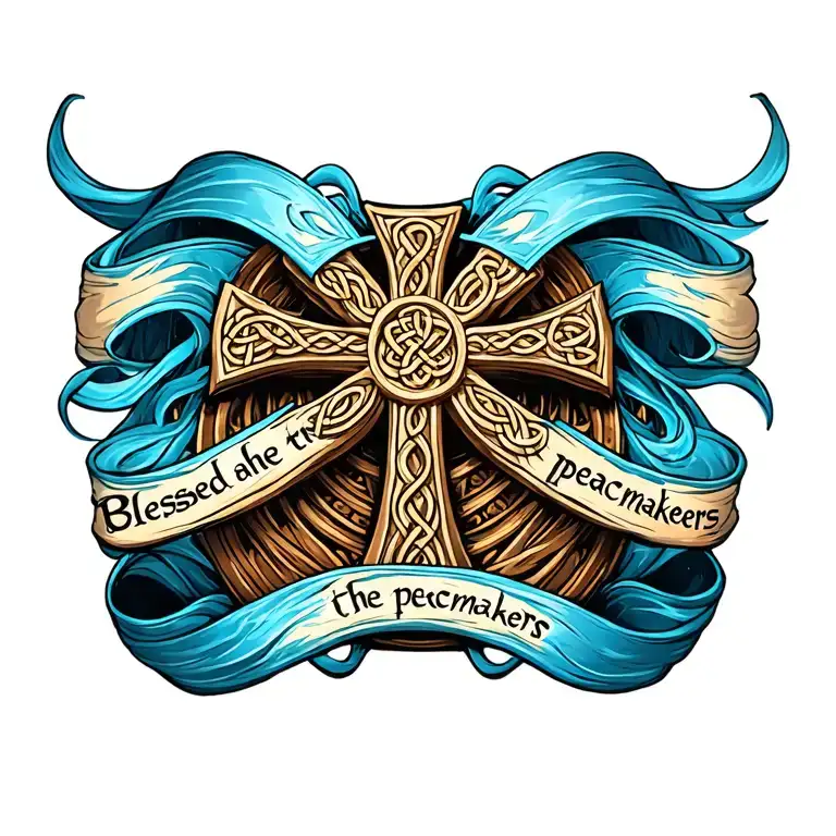 celtic Cross with ""Blessed are the peacemakers" written on blue flowing ribbon. tattoo design idea