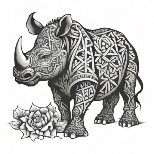 flamboyant flower blooming, rhinoceros and mongol cross  tattoo design idea