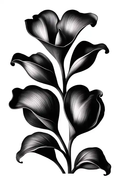calla lily flower in black and white minimalist on the stem 3 different heart shape 3D tattoo design idea