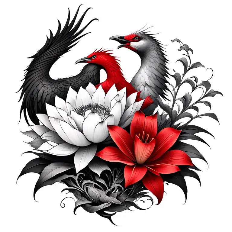 multiple fine line lotus and red Lilly flowers and phoenix intertwined  tattoo design idea