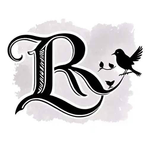 Small cursive letter R and letter L connected with 3 small black birds perched on the bottom of the L tattoo design idea
