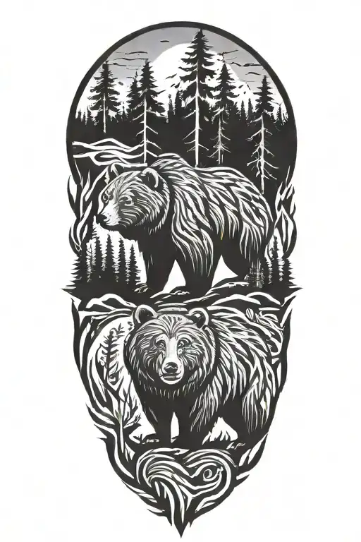 forest with bear tattoo design idea