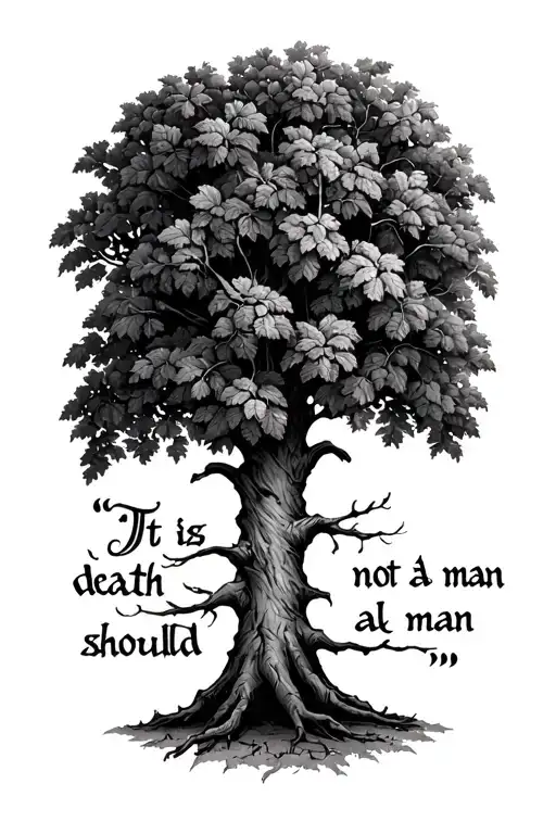 "It is not death a man should " black walnut tree growing over the quote written tattoo design idea