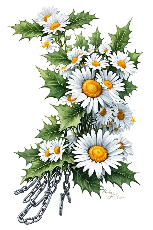 daisies, holly flower bouquet with chains tattoo design idea