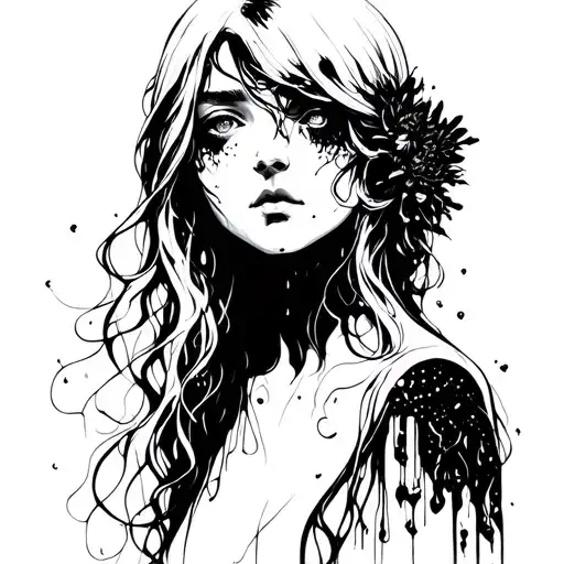 A dark solemn, mysterious feminine figure—represents forgotten places, memories.  embodies sorrow, stillness, grief tattoo design idea