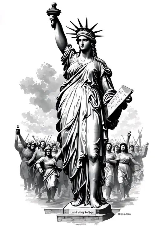 A vintage black-and-white engraving-style illustration of "Liberty Leading the People" by Delacroix, featuring Liberty a tattoo design idea