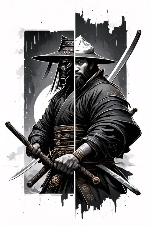 half samurai and half ronin holding a sword tattoo design idea