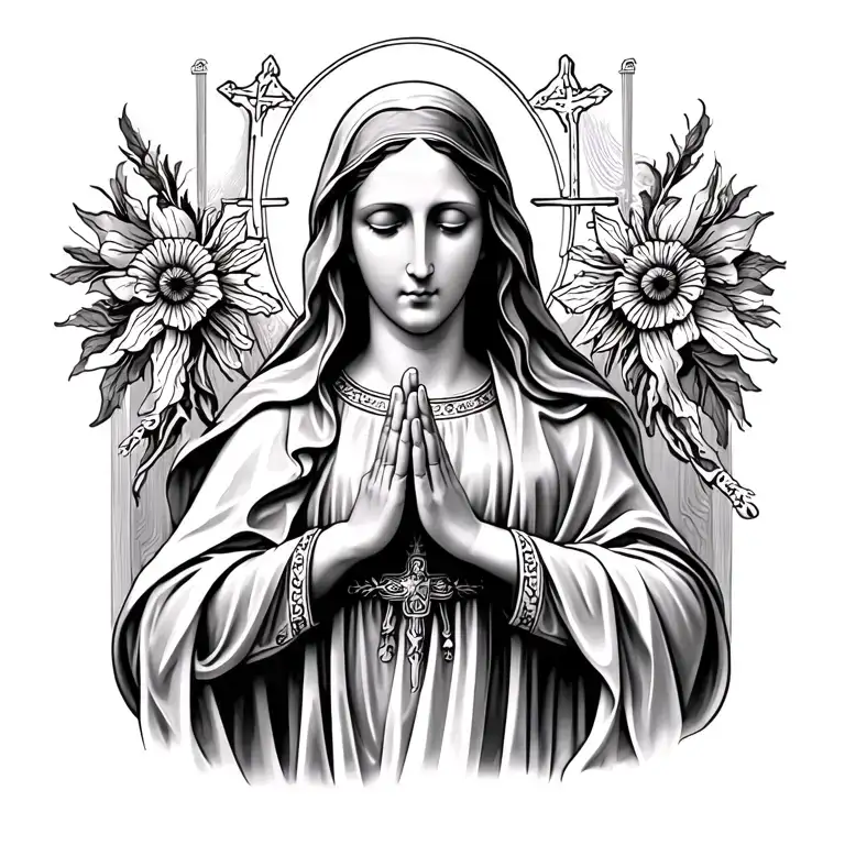 goodlooking holy Mary praying with holy background black and white tattoo design idea