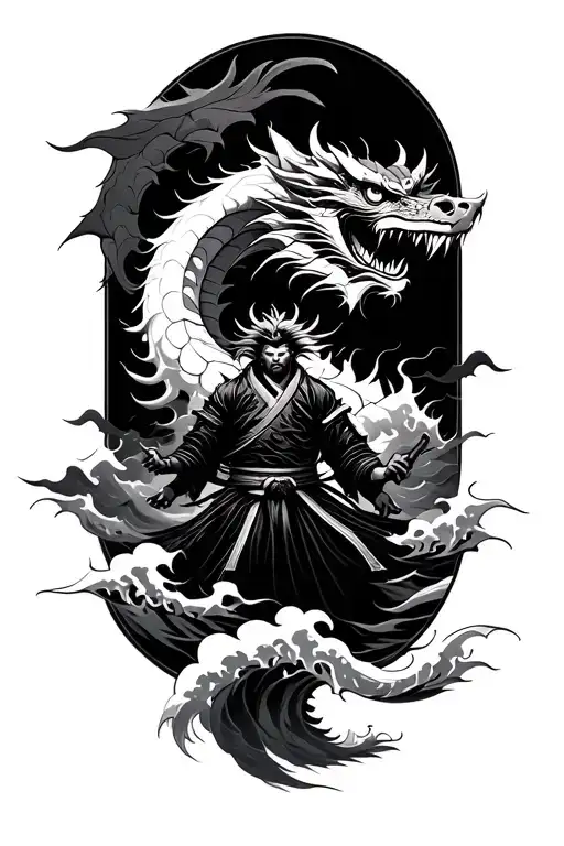 "Dragons-Samurai-waves-clouds" A half-sleeve tattoo design featuring a fierce Japanese dragon at the top, a strong samurai in the center, surrounded by tattoo design idea