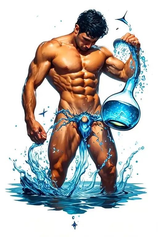 Aquarius Zodiac Sign For Leg With Constellation And Man With Muscle And Six Packs Pouring Jug Water tattoo design idea