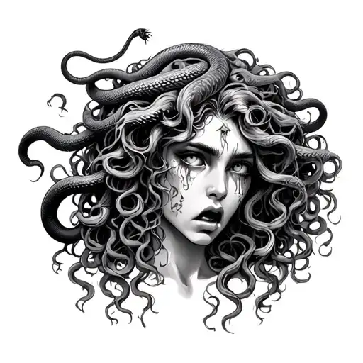 Beautiful Medusa with curly hair, hazel eyes, and pit vipers, headless, crying tattoo design idea