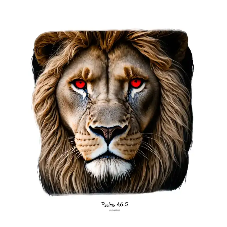 lion face with red eyes, with "Psalms 46:5" placed in the mane tattoo design idea