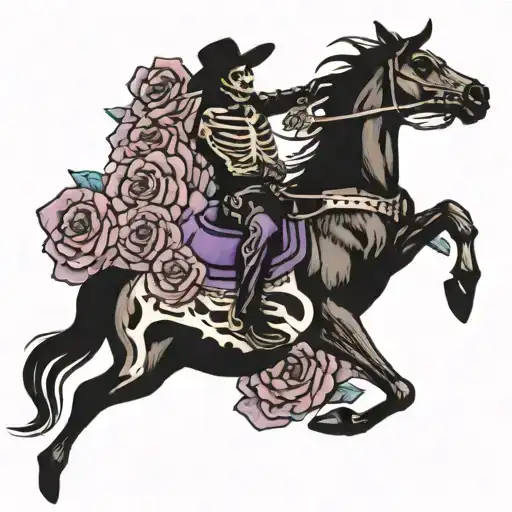 Skeleton cowboy on a skeleton bucking horse surrounded in purple roses tattoo design idea