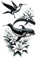 viking style, black ink, dot, hummingbird, lily flowers and a whale swimming gracefully tattoo design idea