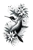 viking style, black ink, dot, hummingbird, lily flowers and a whale swimming gracefully tattoo design idea