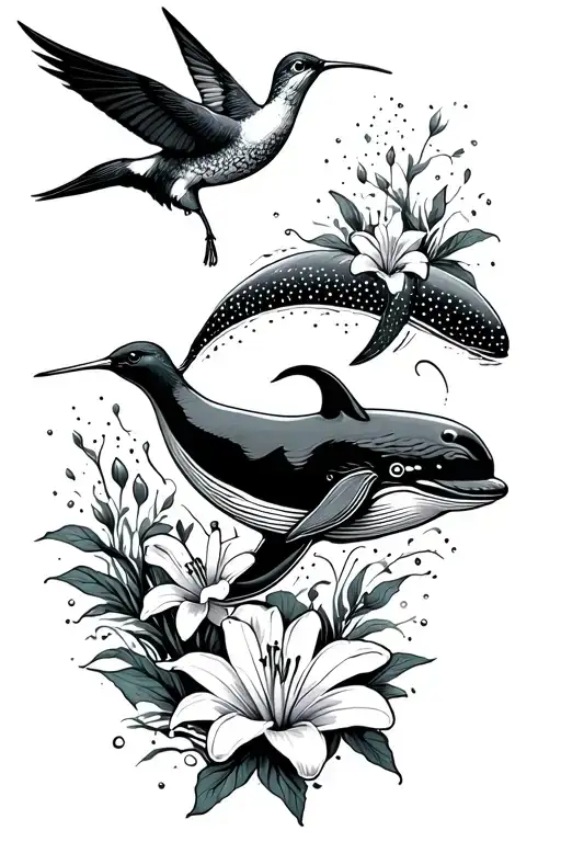 viking style, black ink, dot, hummingbird, lily flowers and a whale swimming gracefully tattoo design idea