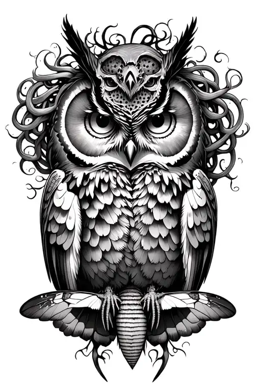 an owl with a death moth and medusa head tattoo design idea