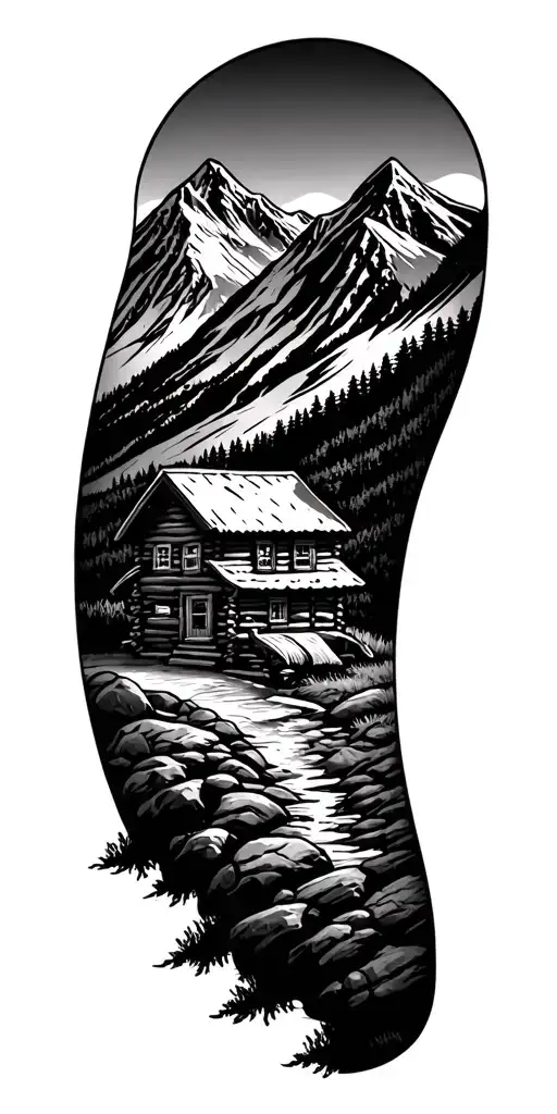 A mountain landscape incorporating a log cabin tattoo design idea