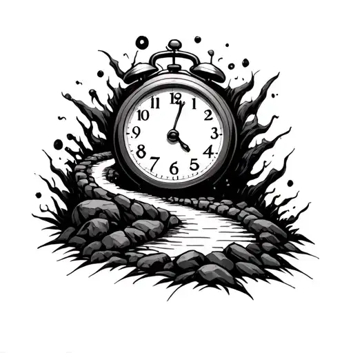 life path winding through obstacles. clock in the distance  tattoo design idea