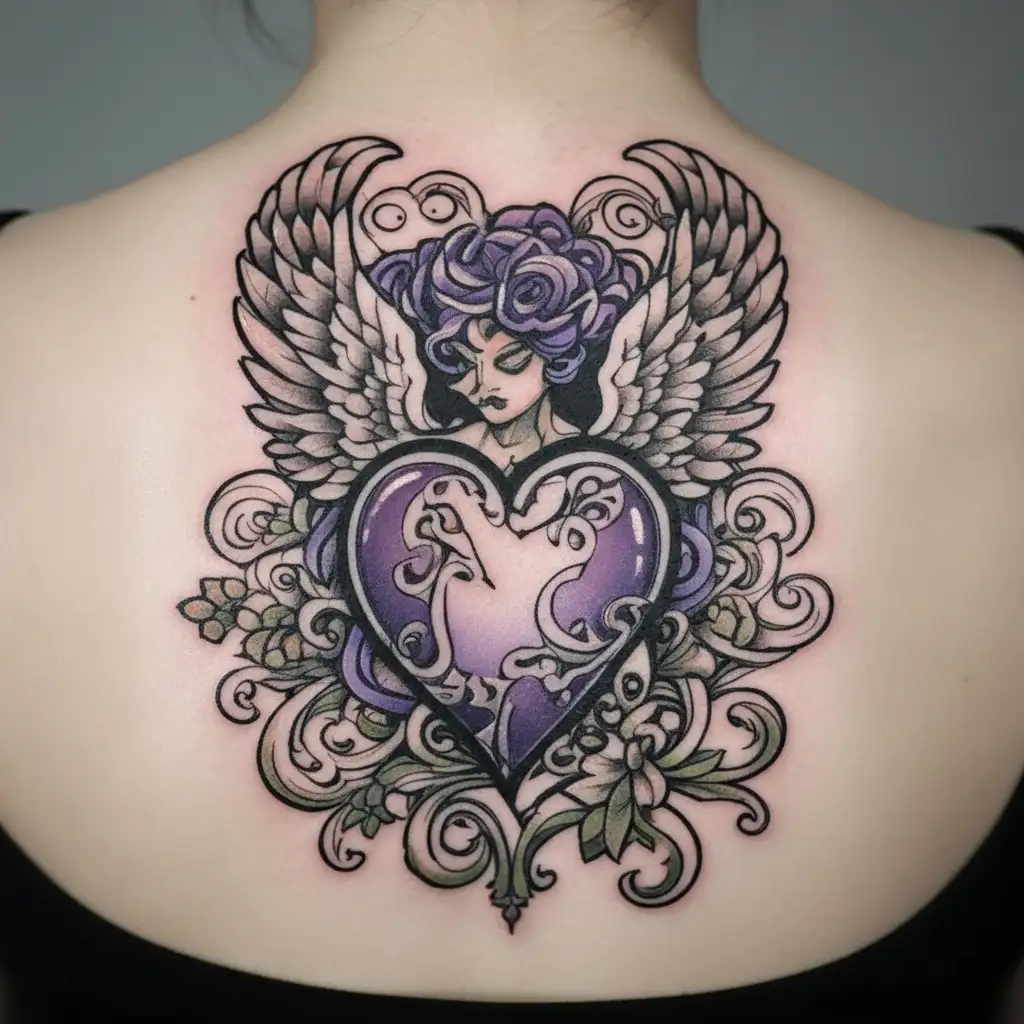 Crotch lust tatto, Angel wings around a purple heart tattoo design idea