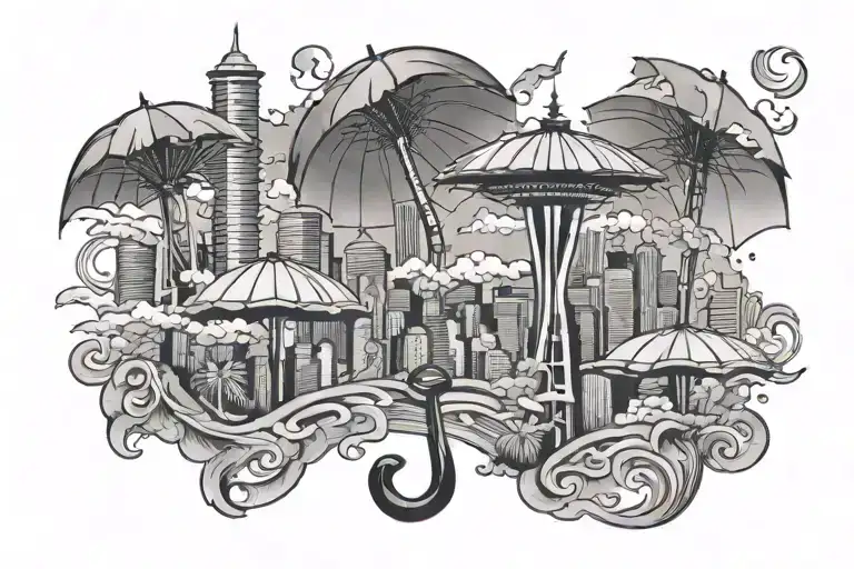 seattle skyline with umbrella made of a water tattoo design idea