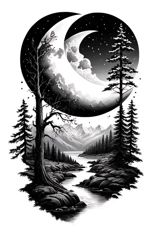 Crescent moon, tree of life, mountain, pine tree, creek, magical tattoo design idea