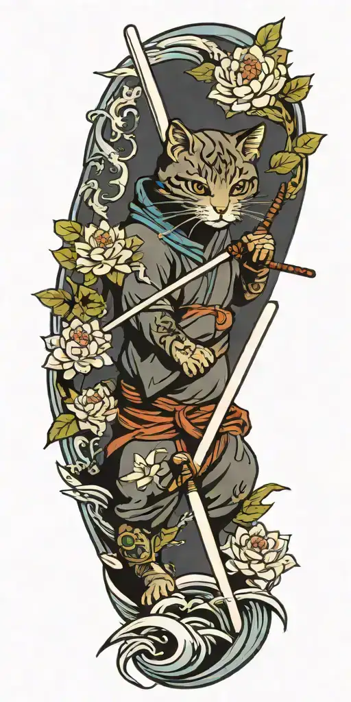ninja cat holding katana, tail, water, waves, lotus, sakura, clouds, whirlpool, leaves, peony, sunset tattoo design idea