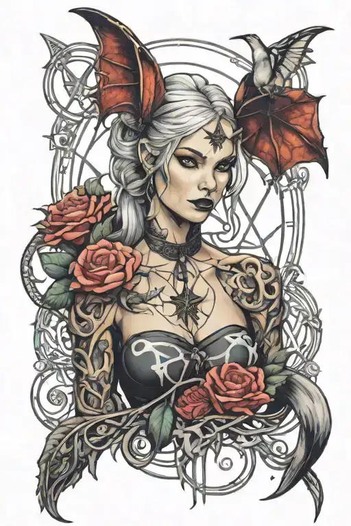 Lilith diablo video game with pentagram portrait tattoo design idea