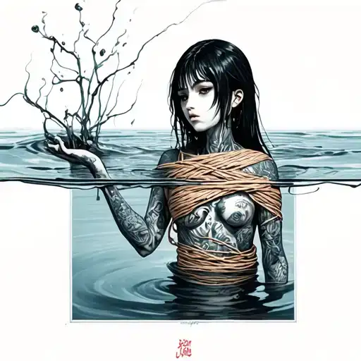tomie from junji ito whole body wrapped in string that is water tattoo design idea