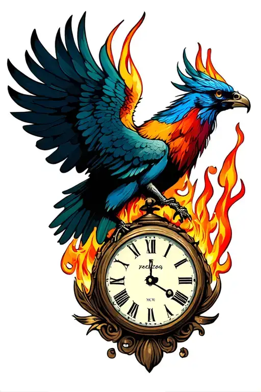 Clock burning with phoenix tattoo design idea