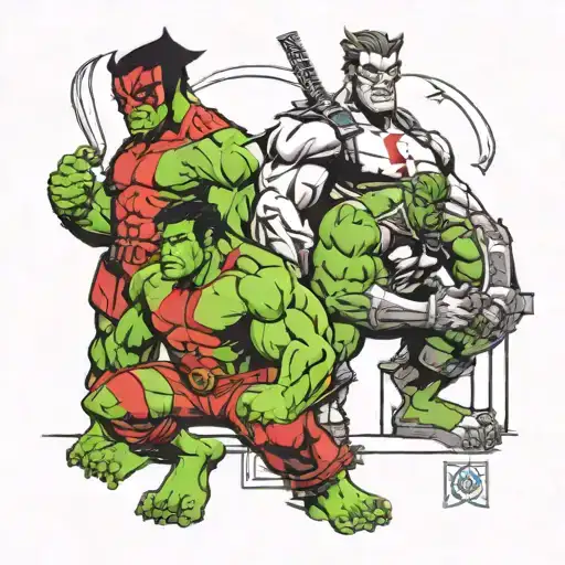 marvels hulk stood over Wolverine an deadpool tattoo design idea
