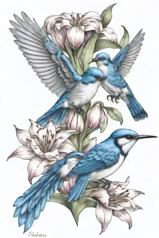 humming bird with a blue jay with lilly flower and tulips   tattoo design idea