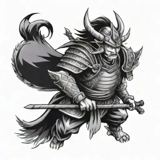 japanese warrior half deamon, sketch , sharp lines, less details on armour tattoo design idea