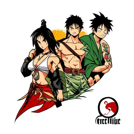 One Pice Tattoo with Nico Robin, Roronoa Zoro, Nami and G5 Luffy. Also include Marshall D. Teach and Shanks. Also add so tattoo design idea