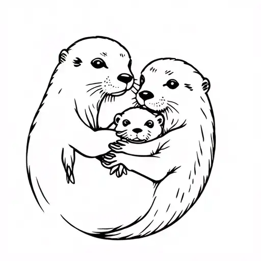 Two Otters Holding Paws with Baby Otter  tattoo design idea