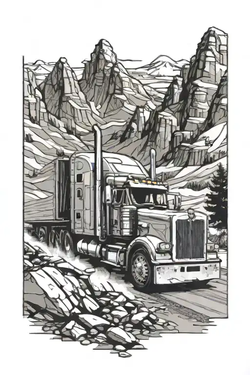 peterbilt driving through mountain range tattoo design idea