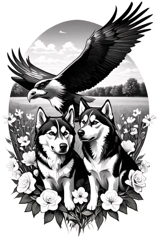 eagle centrepiece, surrounded by 2 husky's in a countryside setting. with small daffodils and roses to fill gaps  tattoo design idea