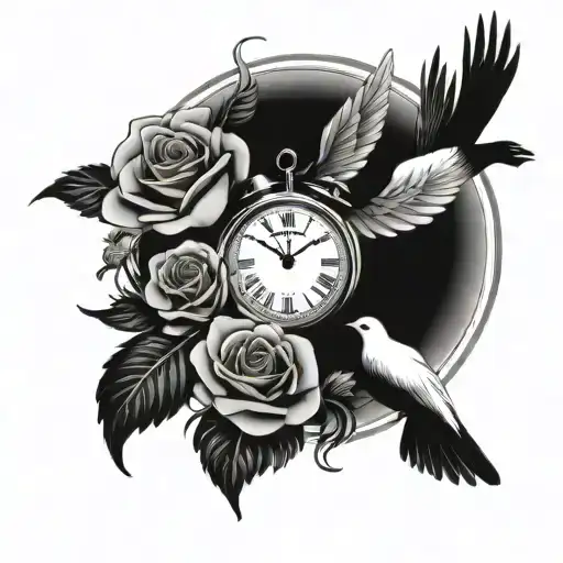 roses clock doves flying tattoo design idea