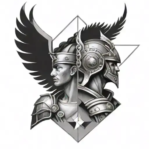 Micro realistic geometry tattoo of god and a warrior soldier tattoo design idea