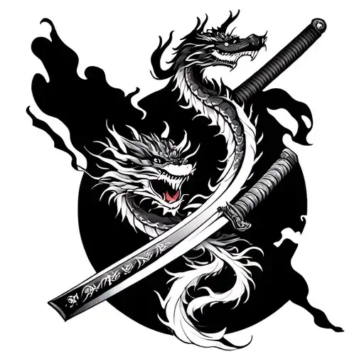Japanese katana with a lightning dragon wrapped tattoo design idea