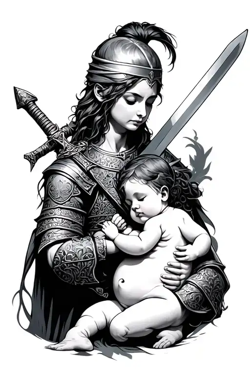 Warrior with a sword giving the baby's breast tattoo design idea